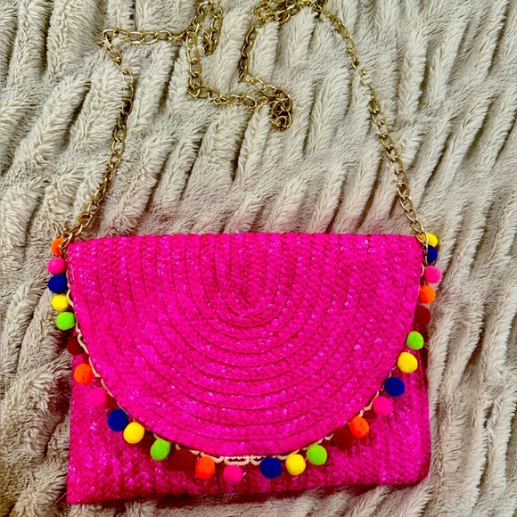Handbags - Colorful Pink Woven Pompom Crossbody Clutch Bag NWOT